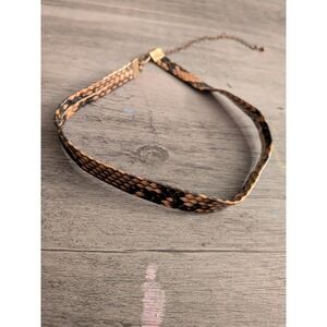 Brown Faux Snakeskin Choker Necklace Animal Print Python Gold Tone Clasp